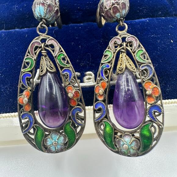 Antique Chinese silver gold plated amethyst cloisonné enamel screw back earrings - Picture 4 of 10